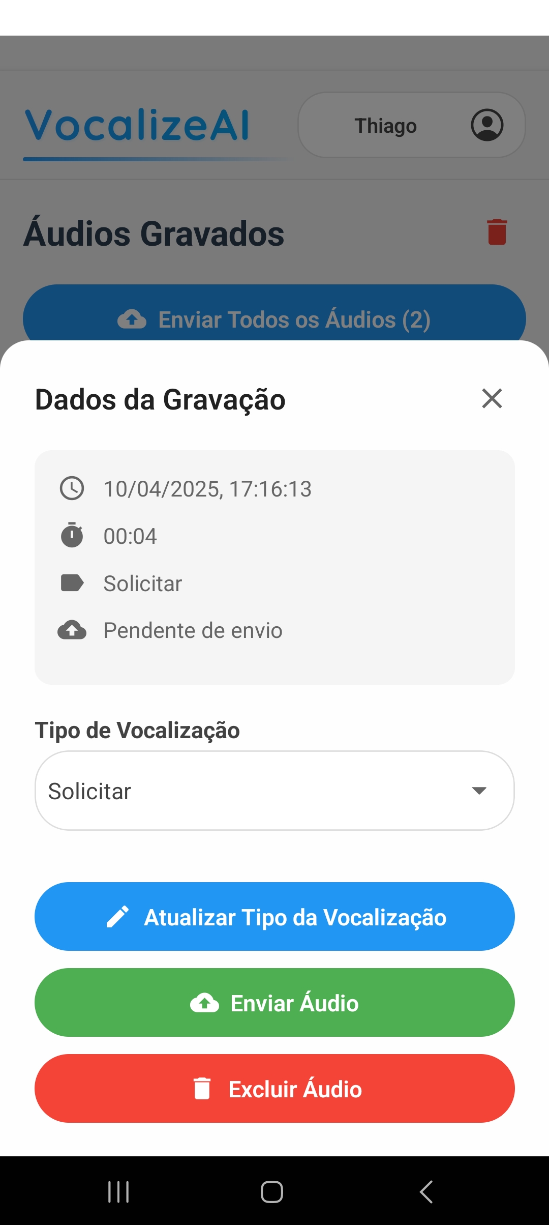 Imagem na tela de áudios gravados do modal das opções de ações do áudio do aplicativo para coleta de áudios VocalizeAI