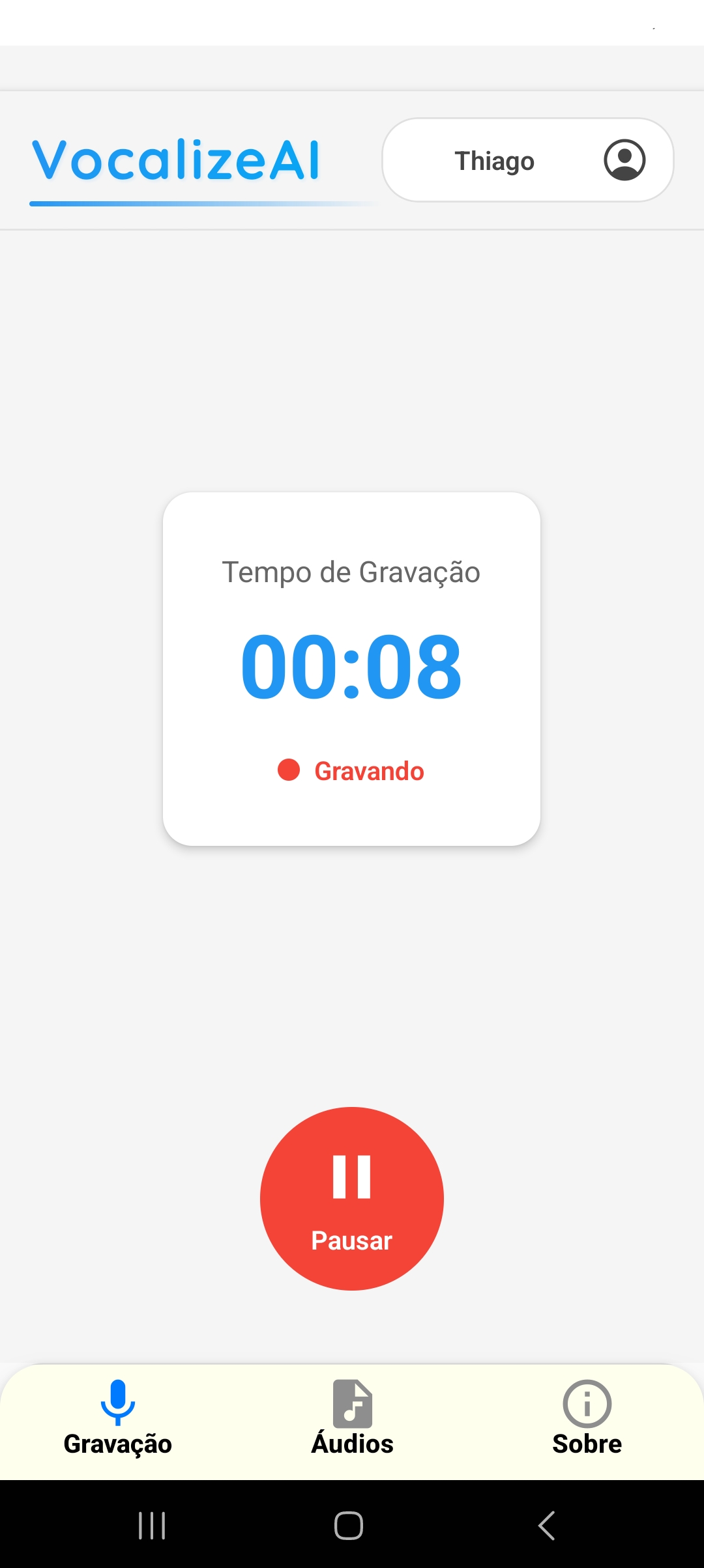 Imagem da tela inicial com uma gravação em andamento do aplicativo para coleta de áudios VocalizeAI
